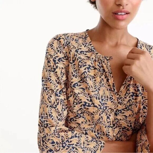 J. CREW x Drake's London Top Womens 0 Giraffe Print Bell‎ Sleeve Keyhole Neck - Picture 2 of 12